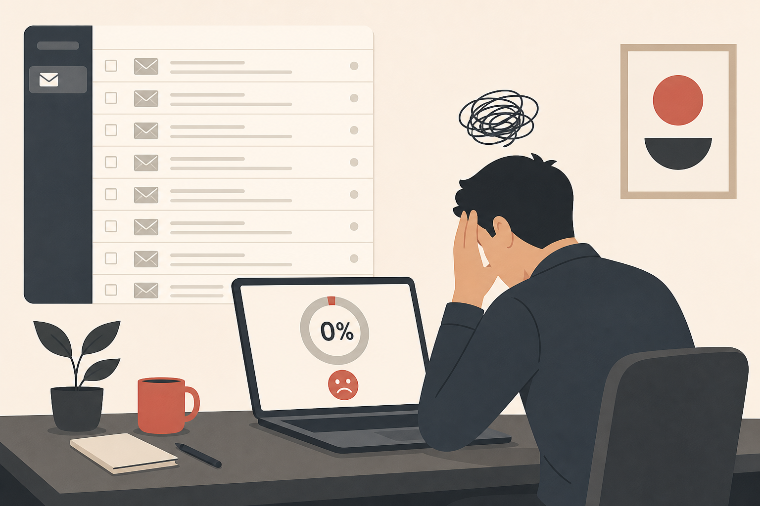 Frustrated founder staring at an inbox full of unanswered cold emails