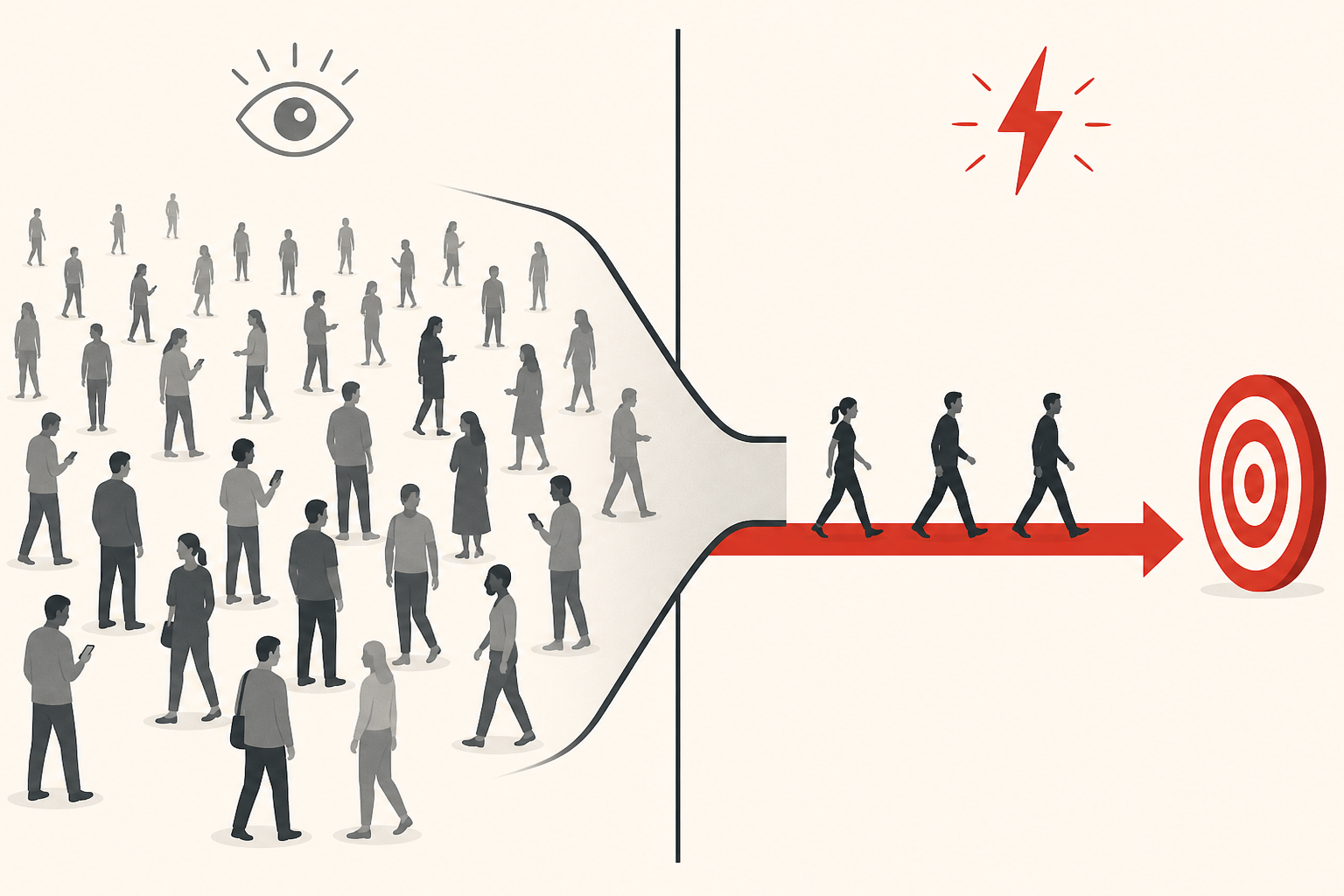 Large crowd of passive browsers on the left filtered down to a small group of high-intent buyers moving toward a target on the right